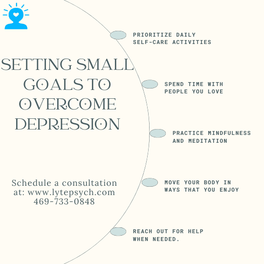 How to Set Small Goals to Overcome Depression: 5 Simple Steps at Lyte Psychiatry (Affordable Therapist and Psychiatrist Near You) Best Therapist and Psychiatrist Near You, Dallas TX