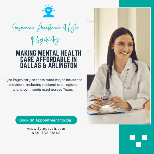 According to the National Alliance on Mental Illness (NAMI), Texans are five times more likely to go out-of-network for mental health care compared to medical care. Lyte Psychiatry helps close that gap by offering in-network access to psychiatrists and therapists throughout Dallas.