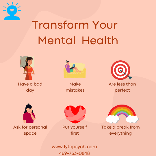 While daily actions are vital for maintaining mental health, professional help plays a crucial role in managing more severe conditions like PTSD, ADHD, anxiety, and depression. Lyte Psychiatry offers comprehensive services, including medication management, tailored to your unique needs