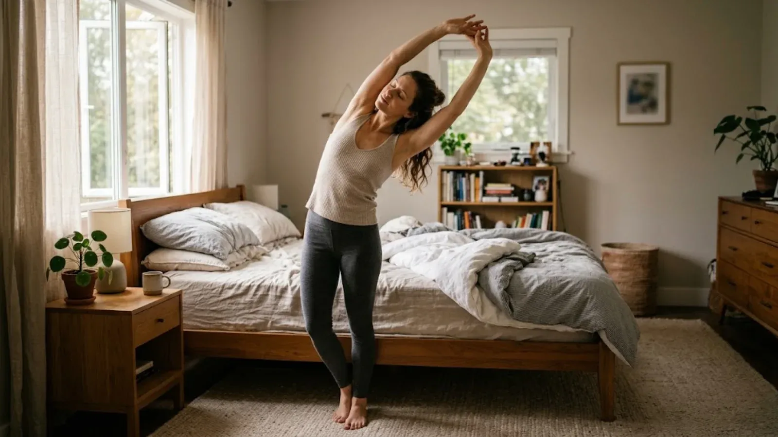 A woman stretching beside her bed in morning light