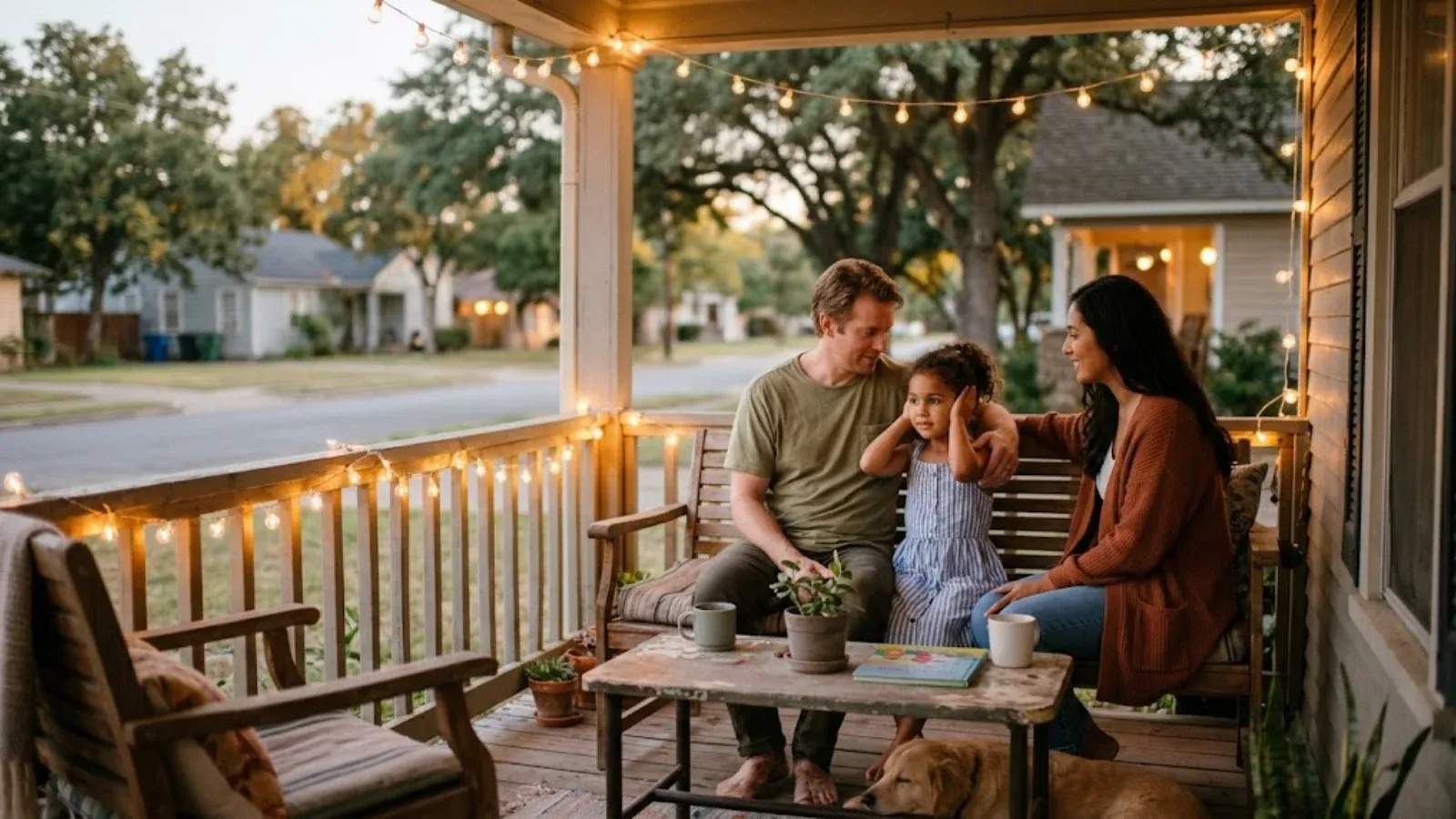 A family on a porch at dusk in summer