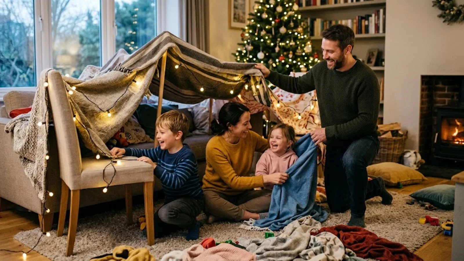 A family building a blanket fort together on a winter evening
