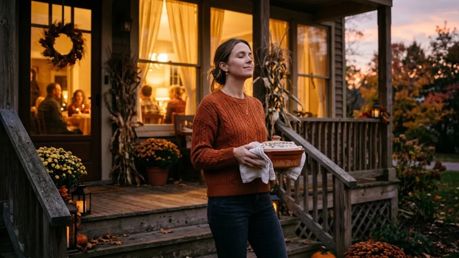 A woman stepping onto a porch before a family Thanksgiving dinner