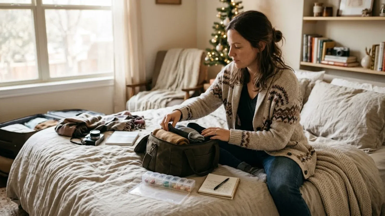 A woman packing a travel bag with a pill organizer beside it