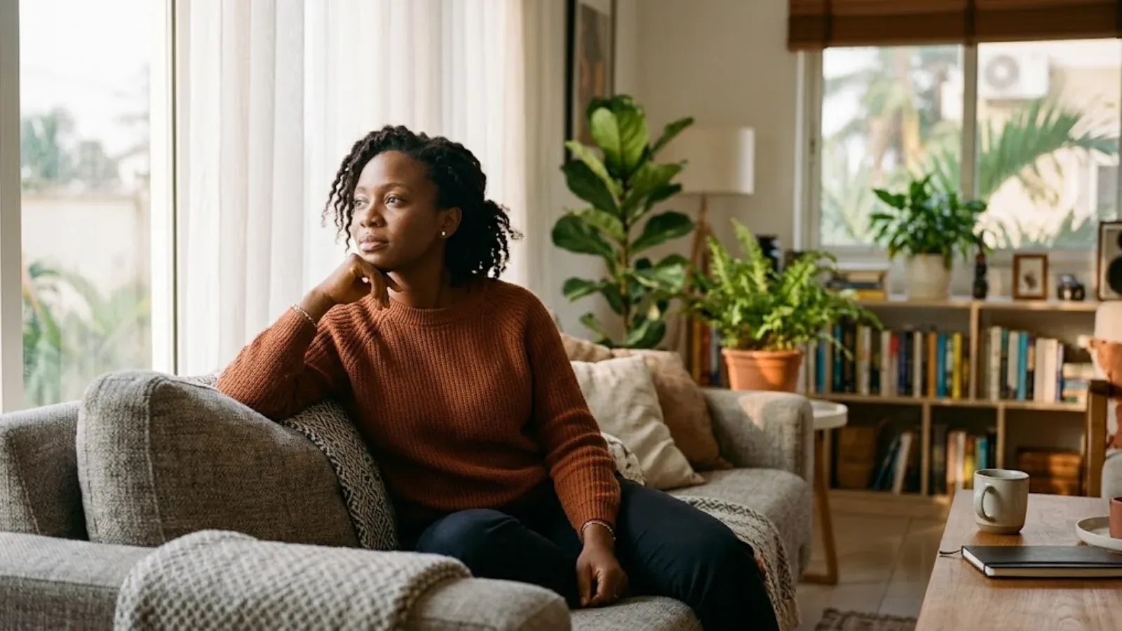 A woman sitting on a couch looking thoughtful