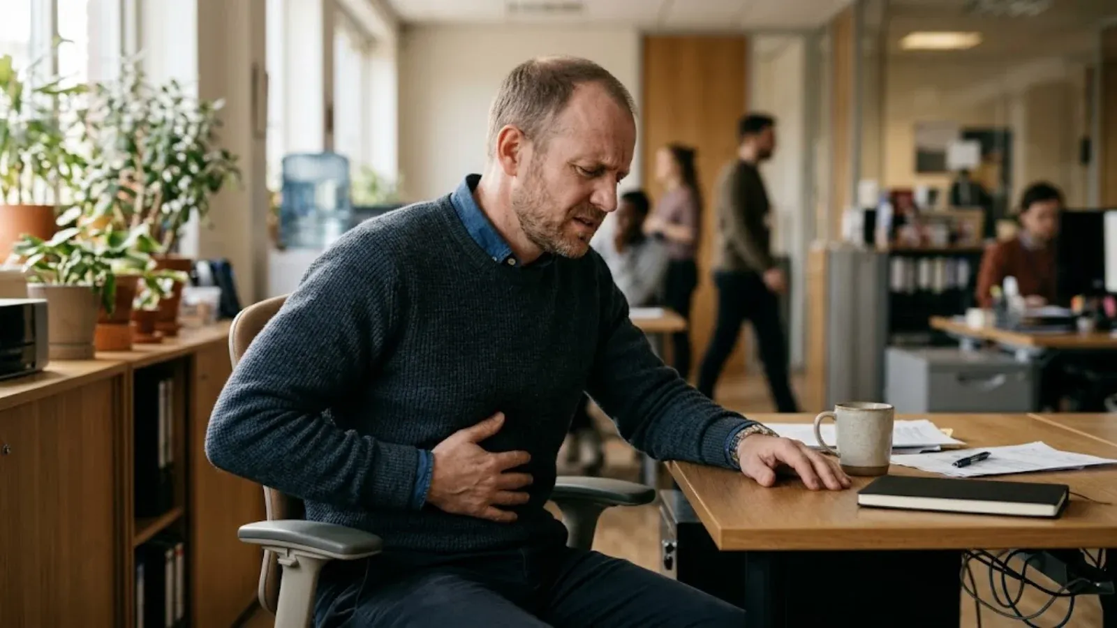 A man holding his stomach while sitting at a desk