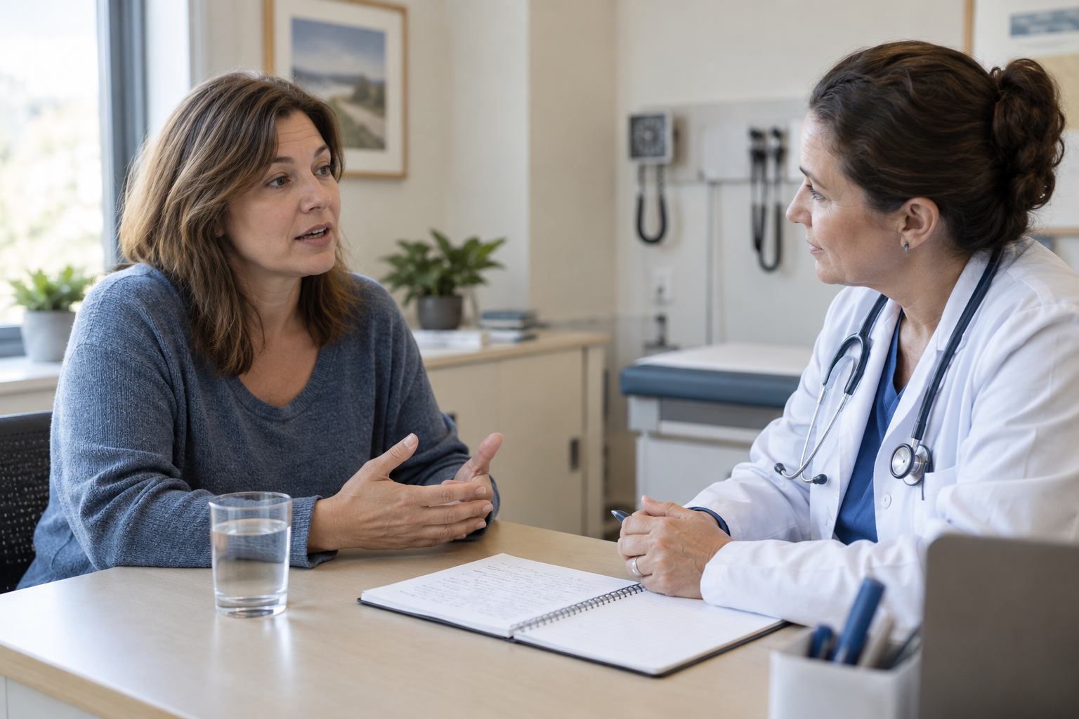 Woman discusses her health history with a clinician beside an open notebook in a consultation room.