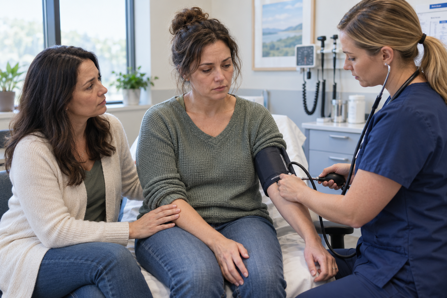 Nurse checks a seated woman’s blood pressure while a companion offers support in a clinic.