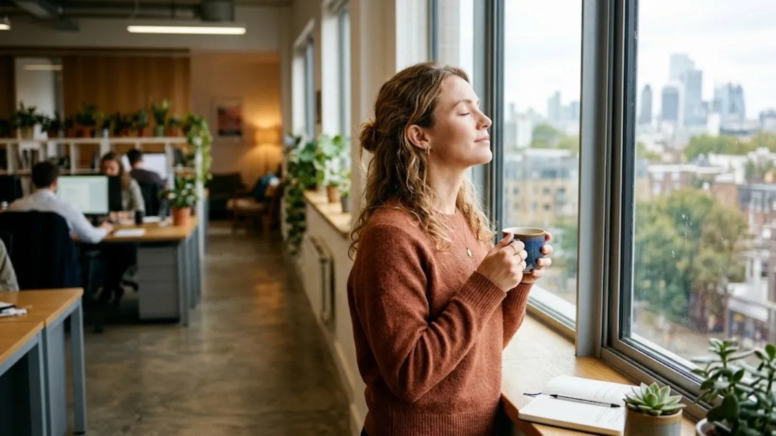 A woman taking a break by an office window with tea