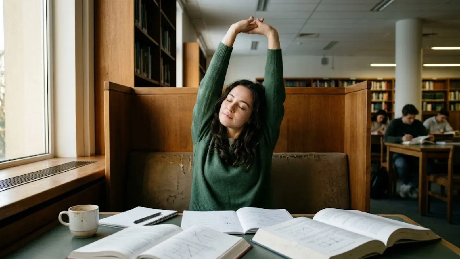 A college student stretching during a study break in a library