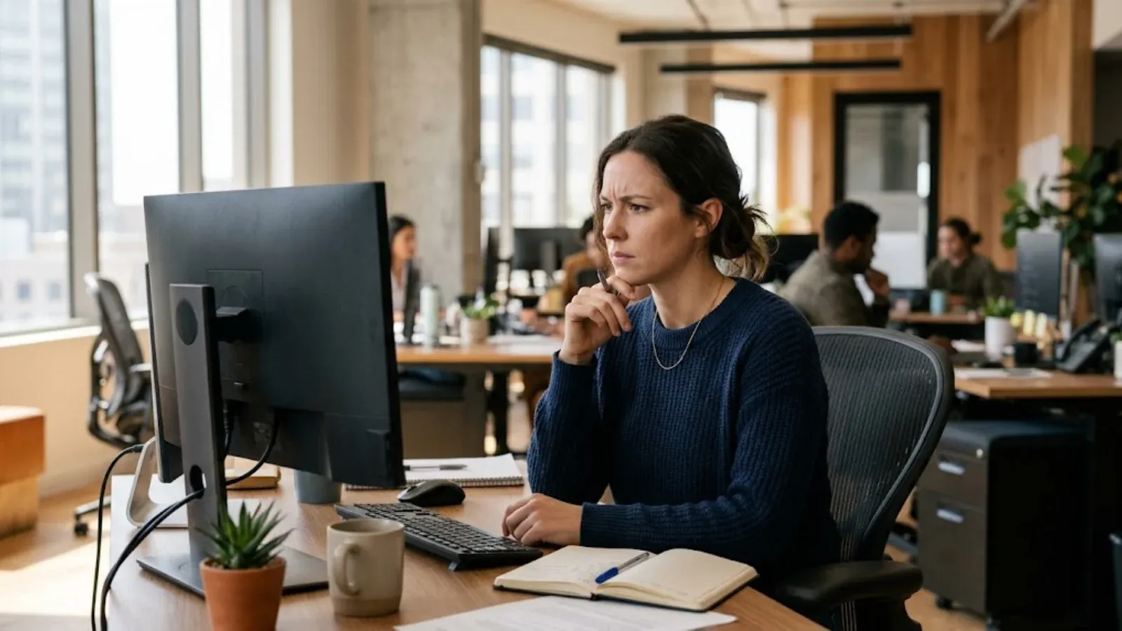 A woman at her office desk looking thoughtfully at her screen