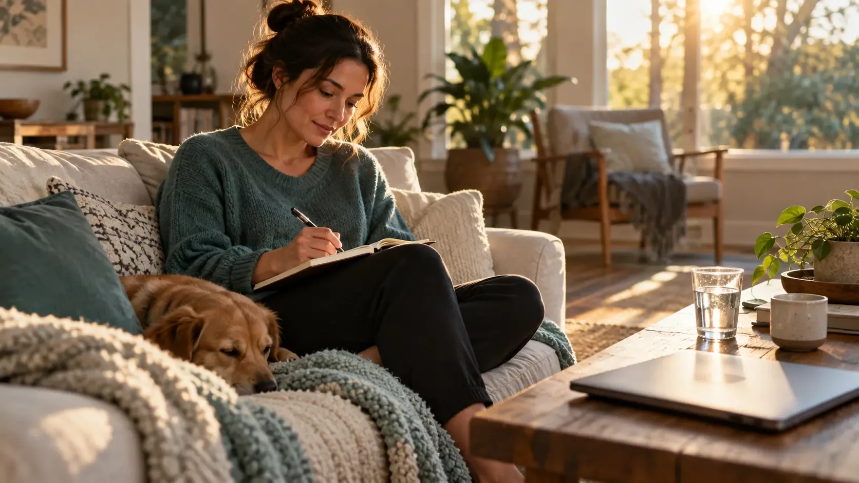 Adult writes a brief reflection beside a closed laptop and glass of water in a sunlit living room.