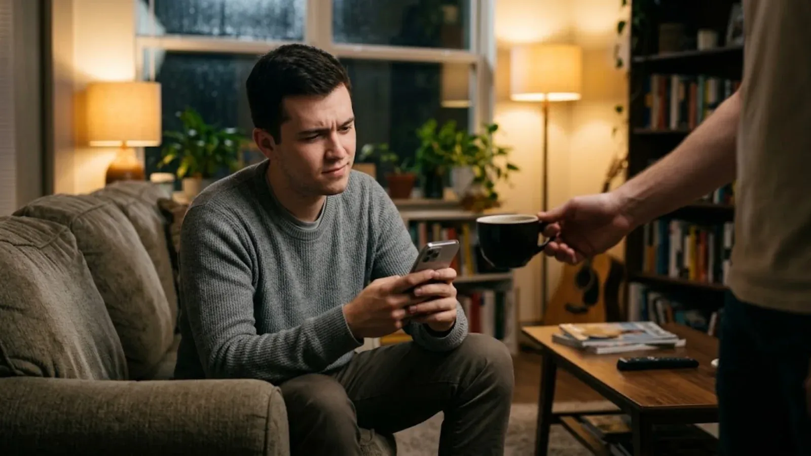 A young man on a couch looking skeptically at his phone as a friend hands him a coffee