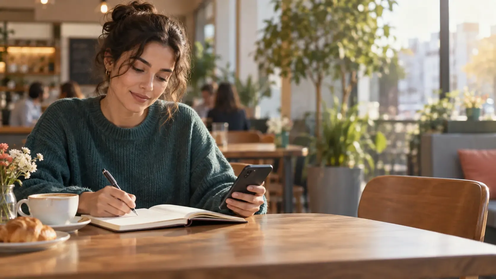 Young adult writes in a notebook while holding a phone at a sunlit café table.
