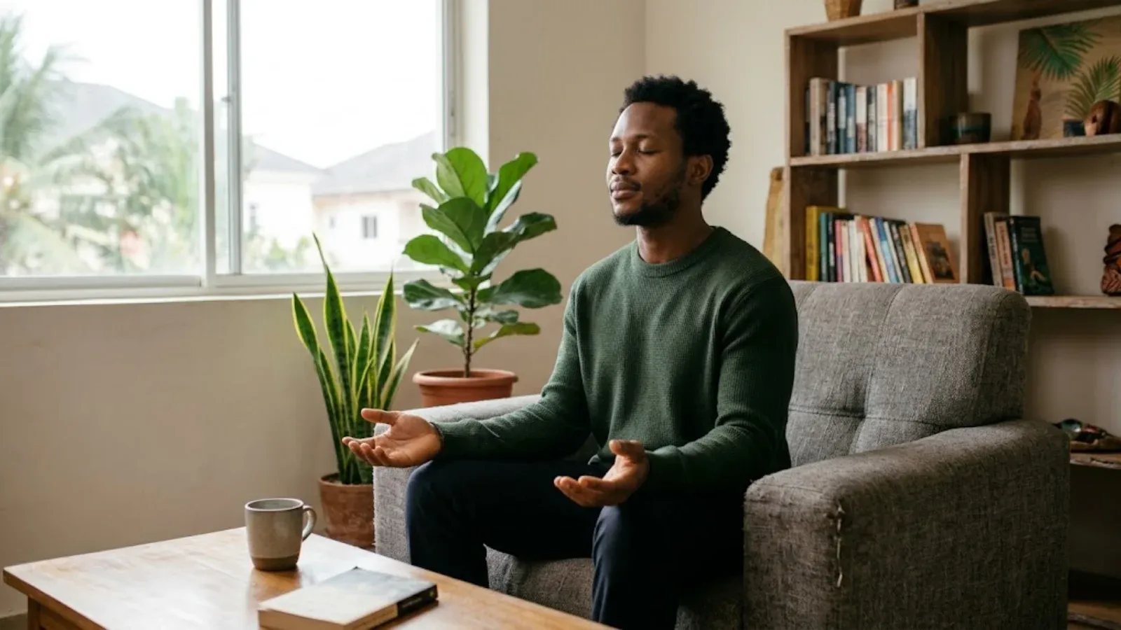 A man taking a calming breath in a quiet room