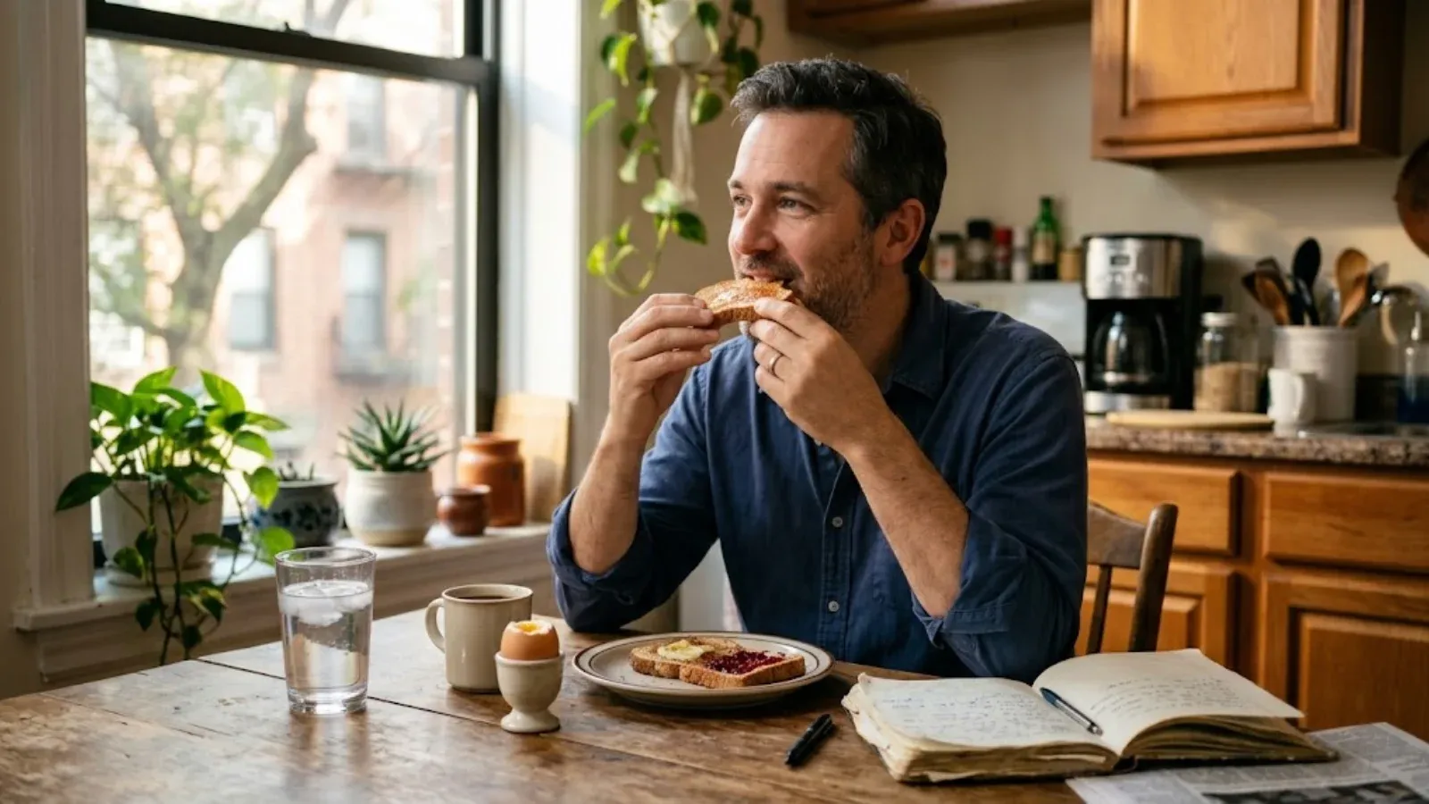 A rested-looking man eating breakfast at a sunny kitchen table