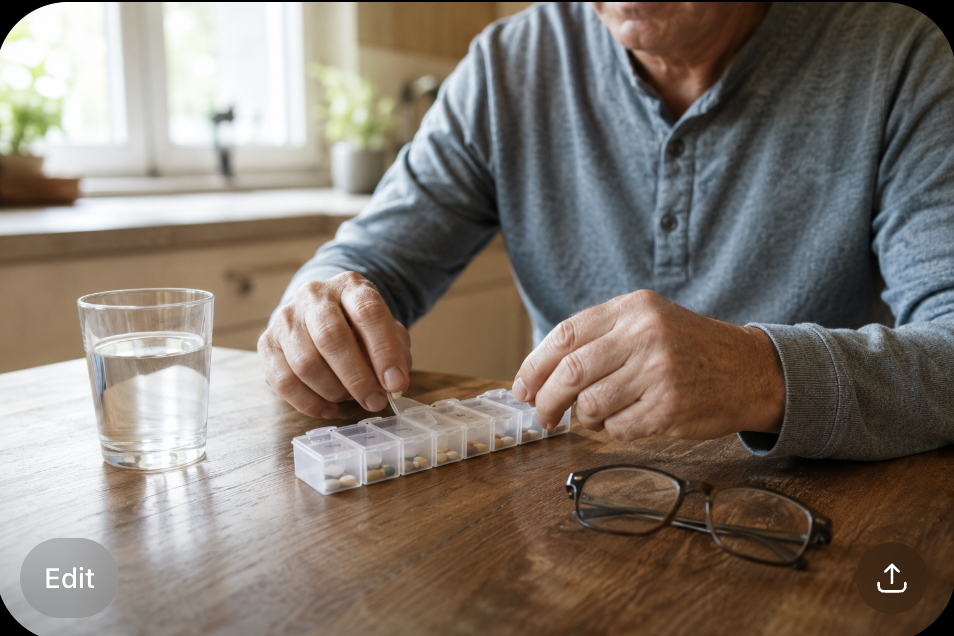 Older man's hands calmly filling a weekly pill organizer at a wooden kitchen table with a glass of water and reading glasses, planning a safe antidepressant taper