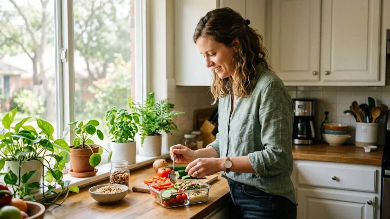 A woman preparing a balanced lunch at a bright kitchen counter