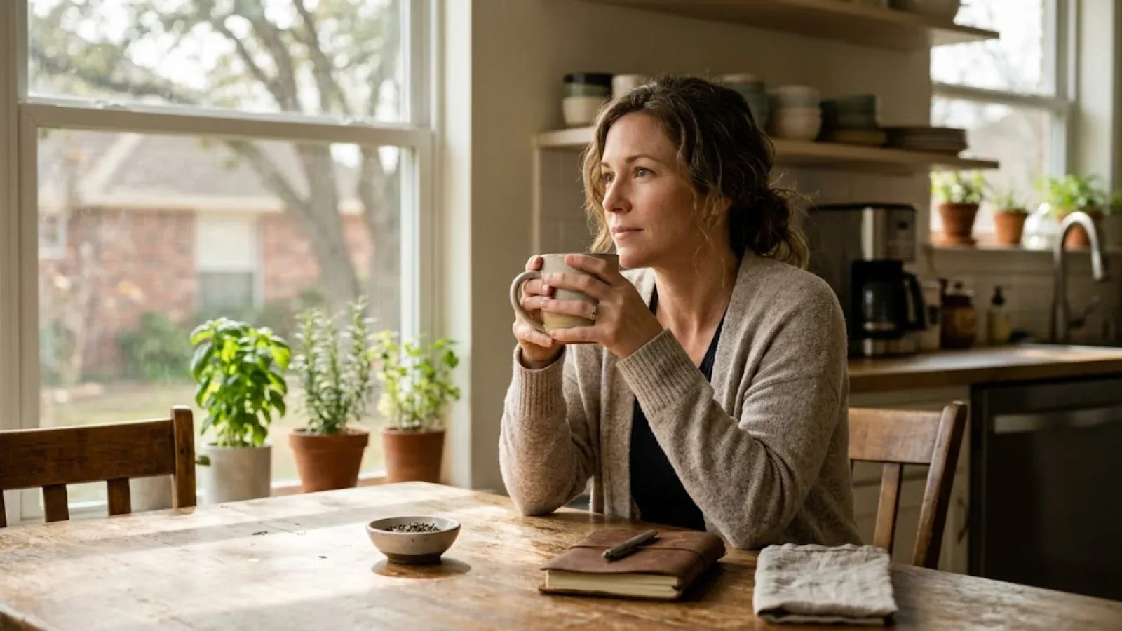 A woman at a sunny kitchen table with tea