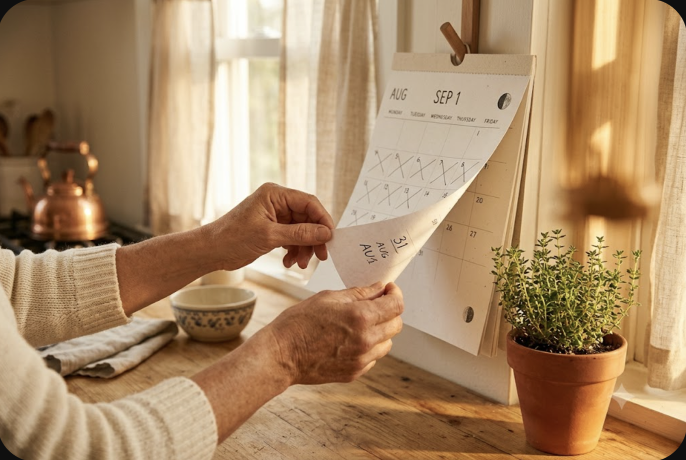 Hands flipping a wall calendar page from August to September in a sunlit kitchen, marking the months of antidepressant treatment passing calmly