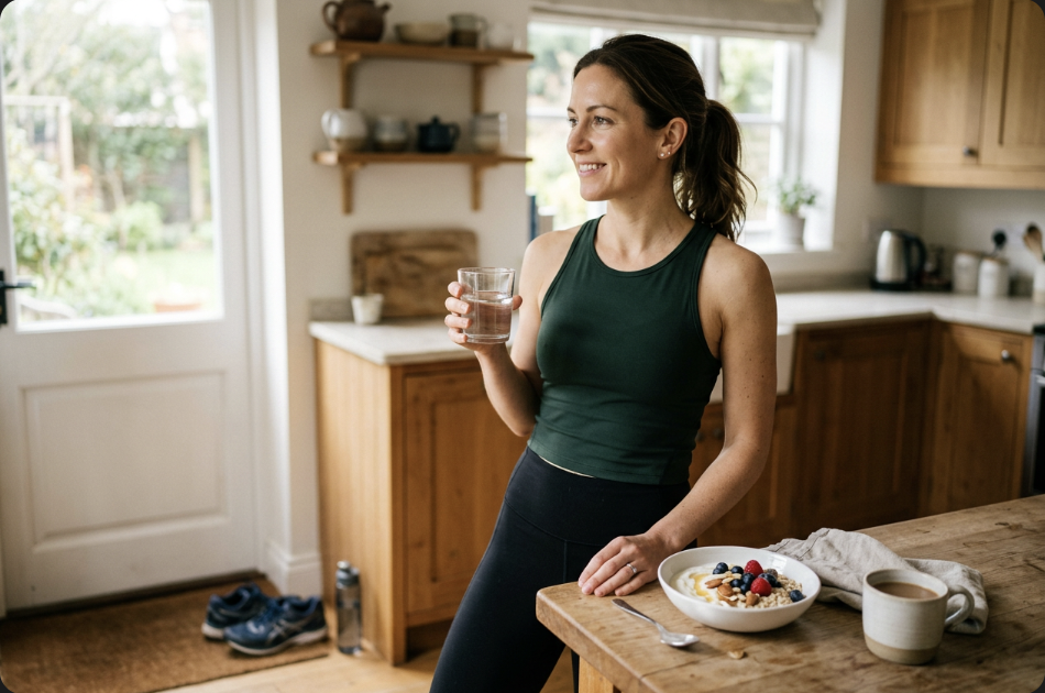 Woman in workout clothes with a glass of water beside a balanced breakfast of yogurt and berries, running shoes by the door, staying healthy while taking an antidepressant