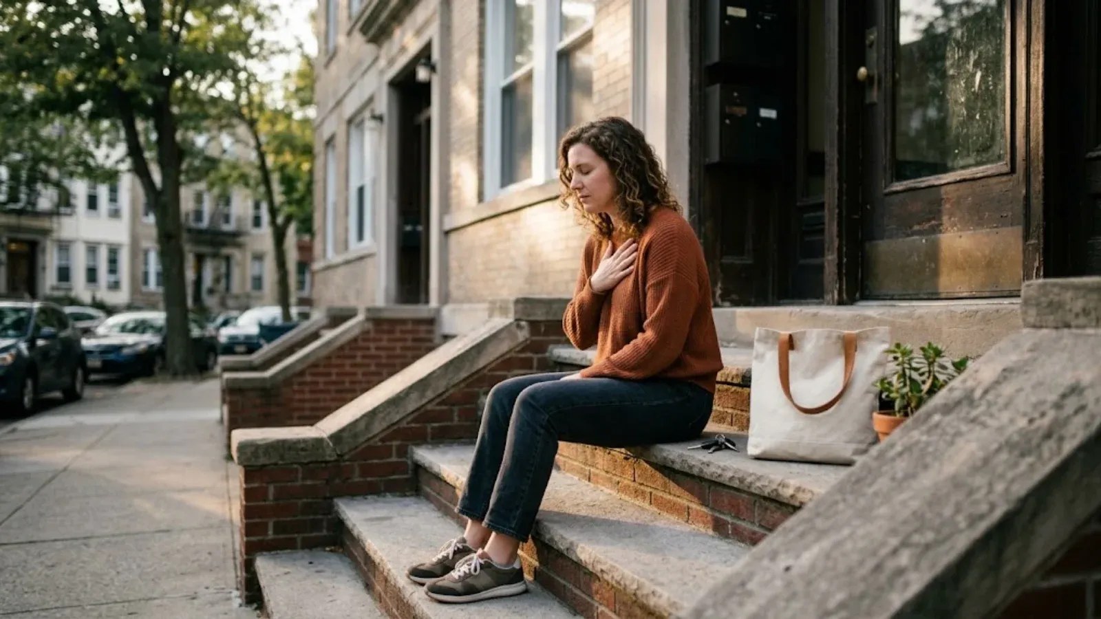 A woman on her front steps with a hand on her chest taking a slow, steadying breath