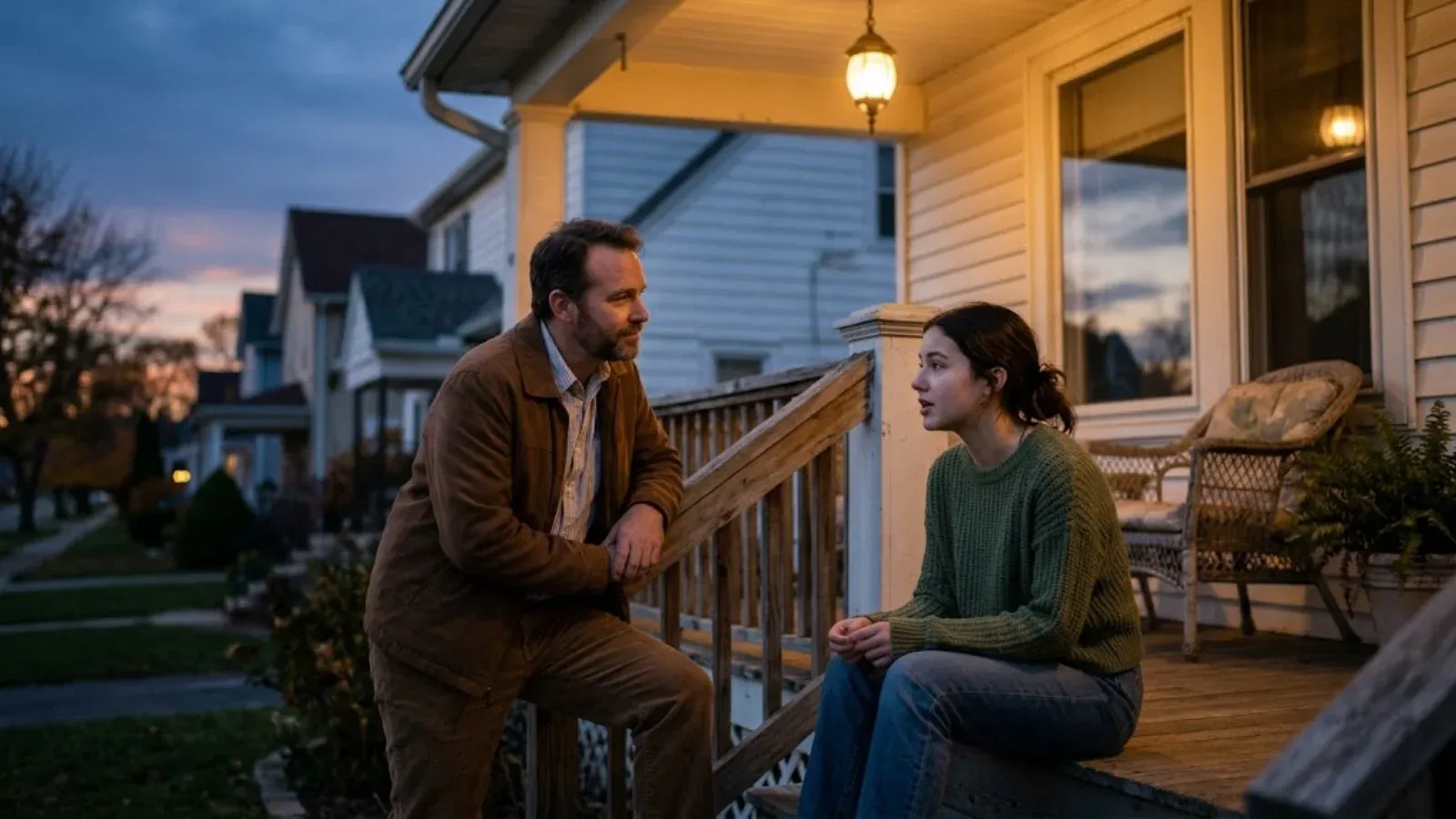 A teenage girl and parent talking on a porch