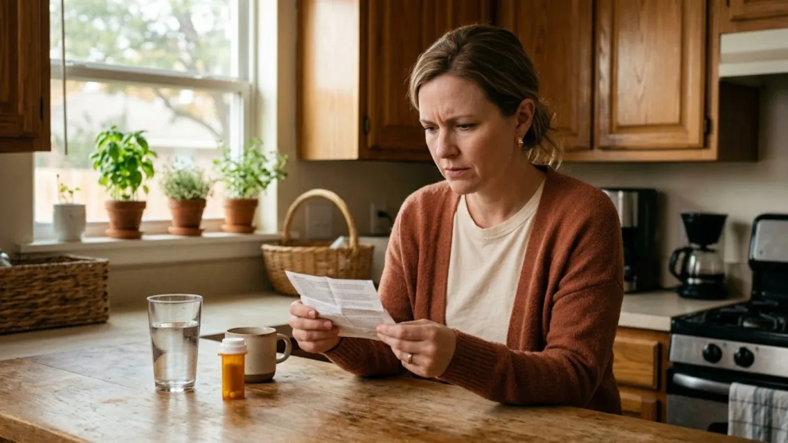 A woman reading a medication information leaflet at her kitchen counter