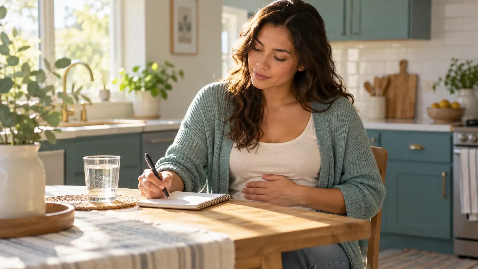 Woman writes in a notebook beside a glass of water at a sunlit kitchen table.
