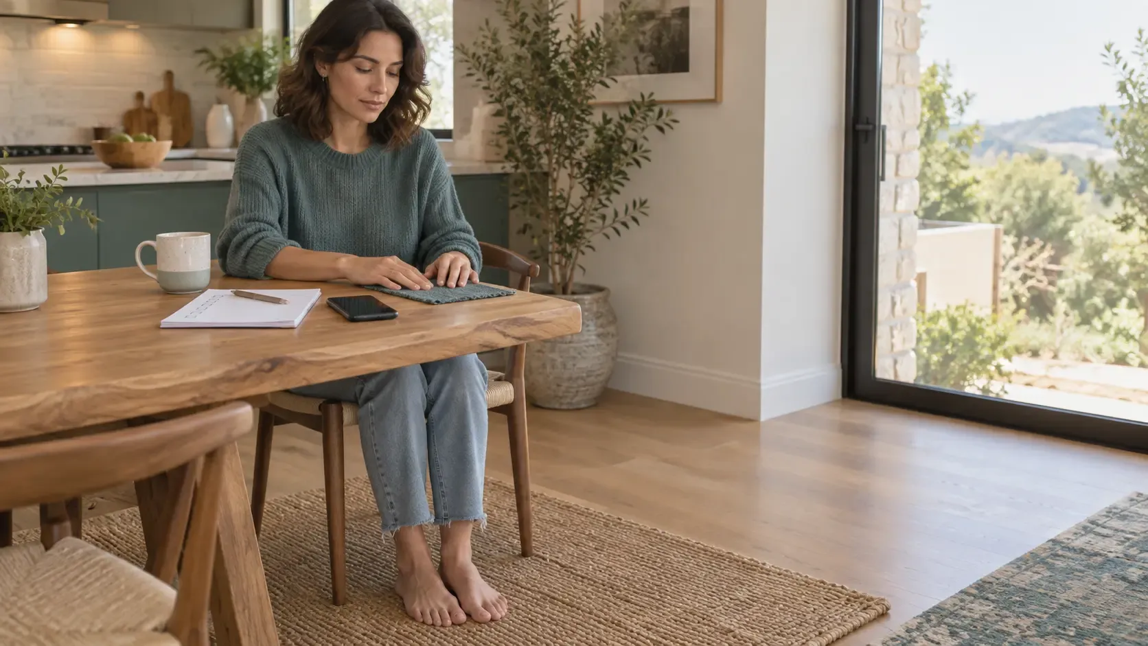 Woman rests both feet on the floor and touches a textured cloth beside a notebook and phone.