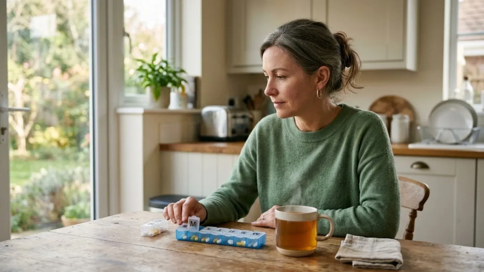 A woman at a kitchen table looking at a weekly pill organizer