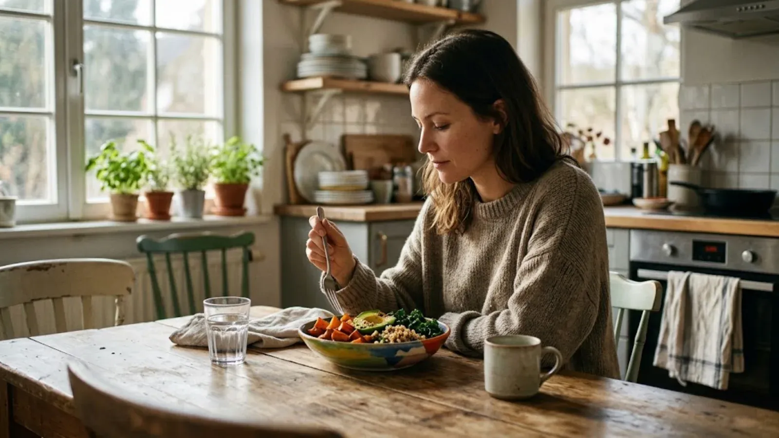 A woman eating a vegetable bowl slowly at a sunlit kitchen table, with no screens nearby