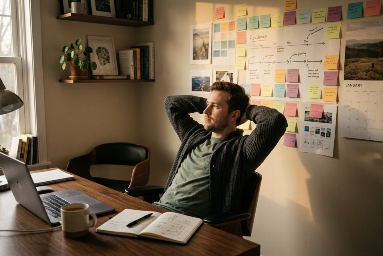 Man leaning back at his home desk at golden hour looking at a wall of colorful plans and notes, reflecting on high-energy stretches that turned out to be bipolar 2 hypomania