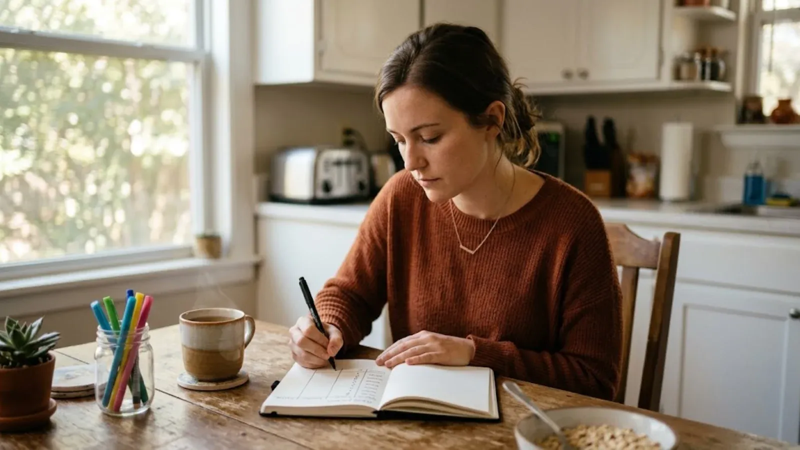 A woman writing in a mood journal with a simple weekly chart at her kitchen table