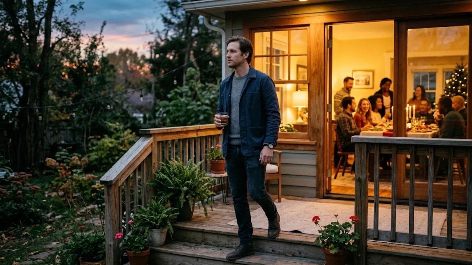 A man stepping outside for a quiet moment during a family gathering