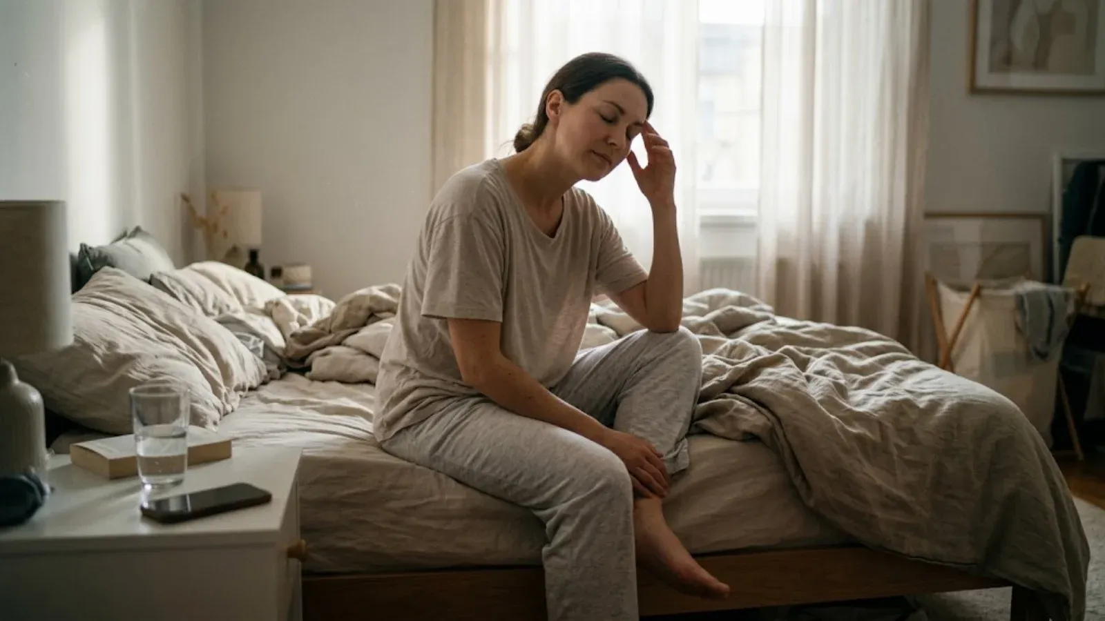 A woman pausing on the edge of her bed in the morning with her fingertips at her temple
