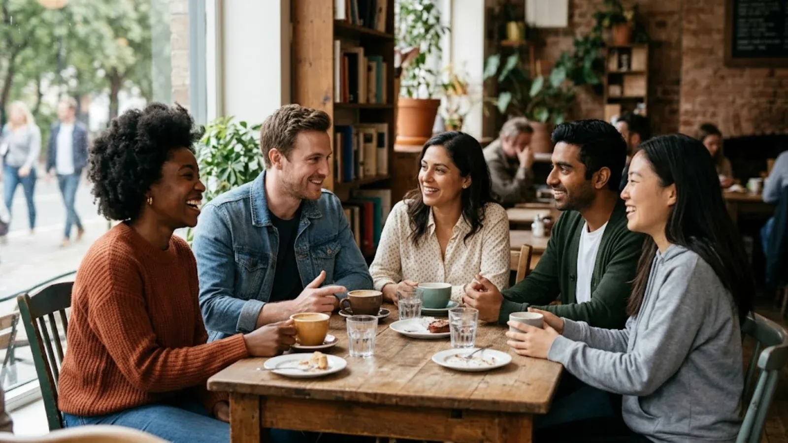 A diverse group of friends talking openly at a cafe table