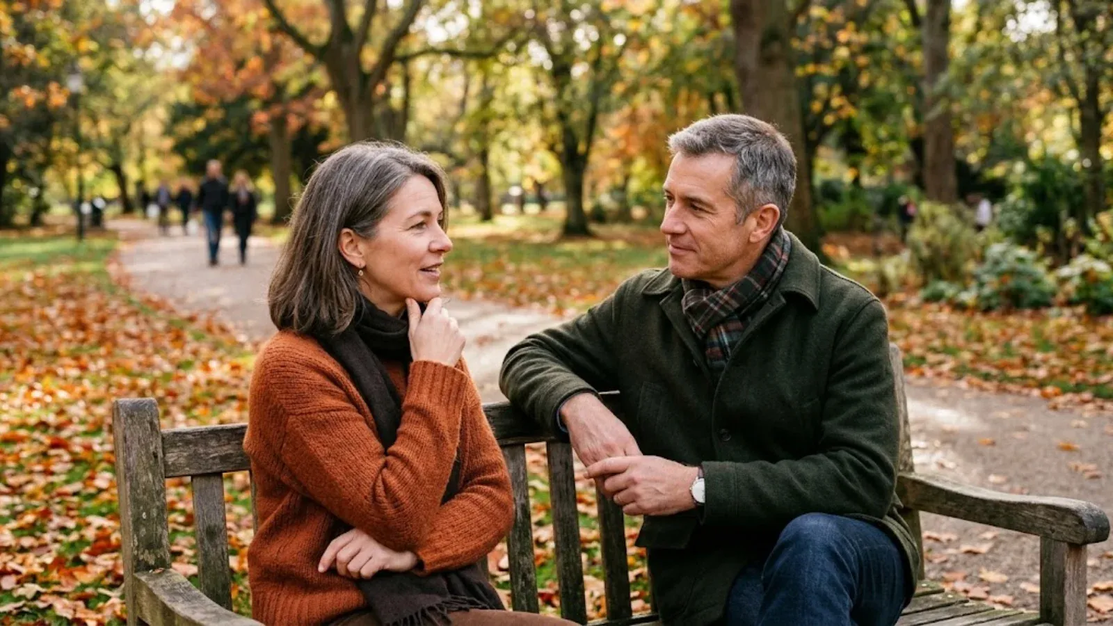 Two adults talking on a park bench, one listening