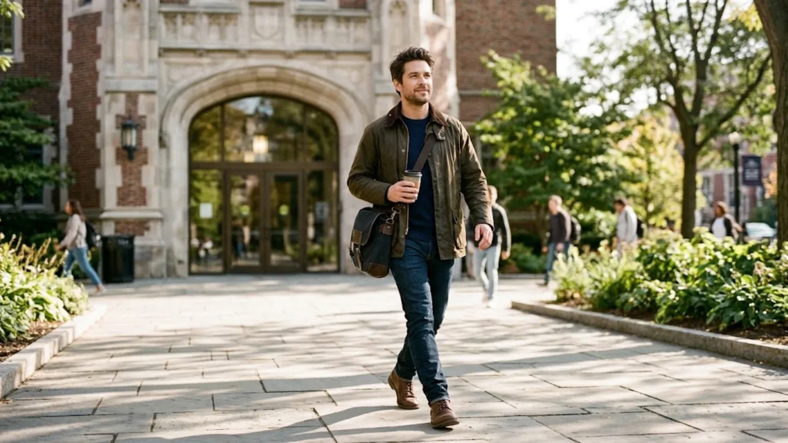 A man walking confidently into a building entrance