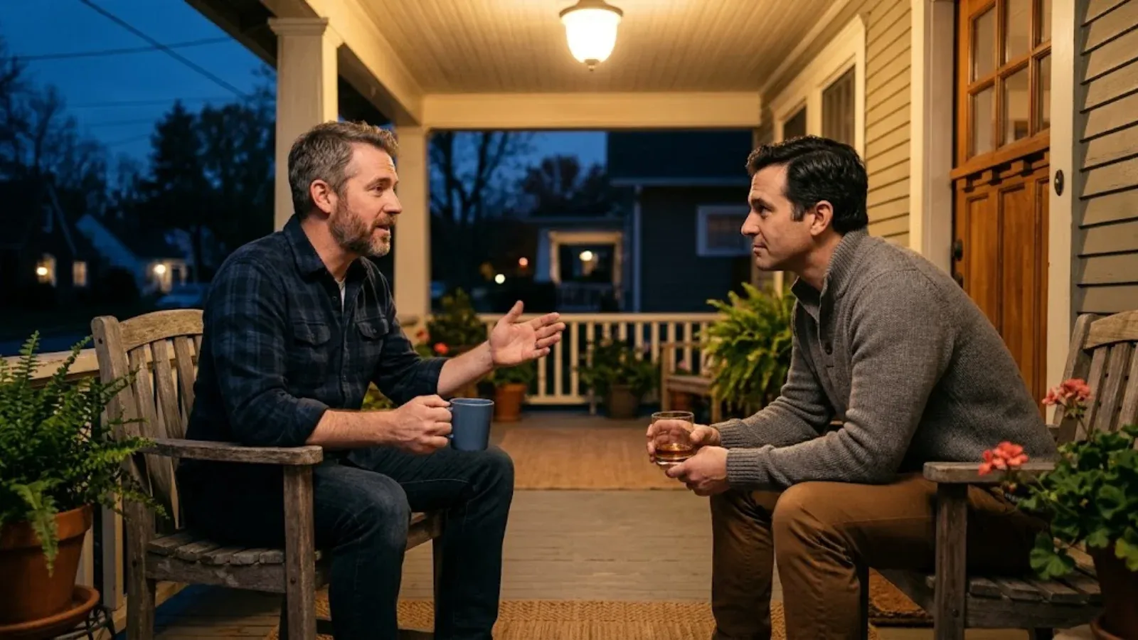 Two men talking on a porch, one opening up