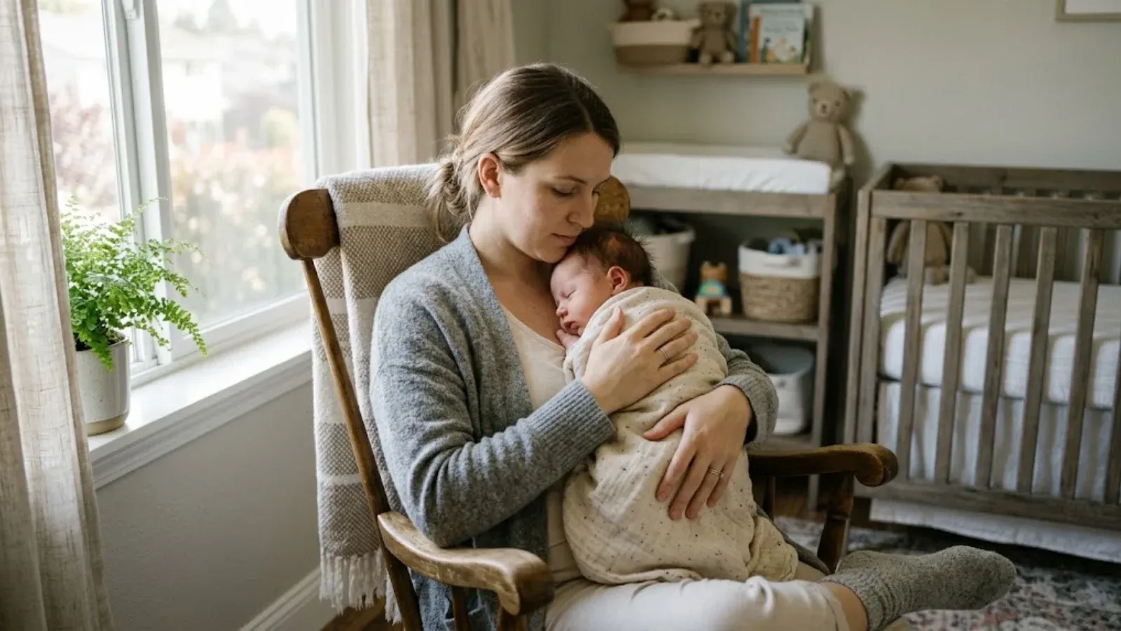 A new mother in a rocking chair holding her sleeping newborn by a nursery window