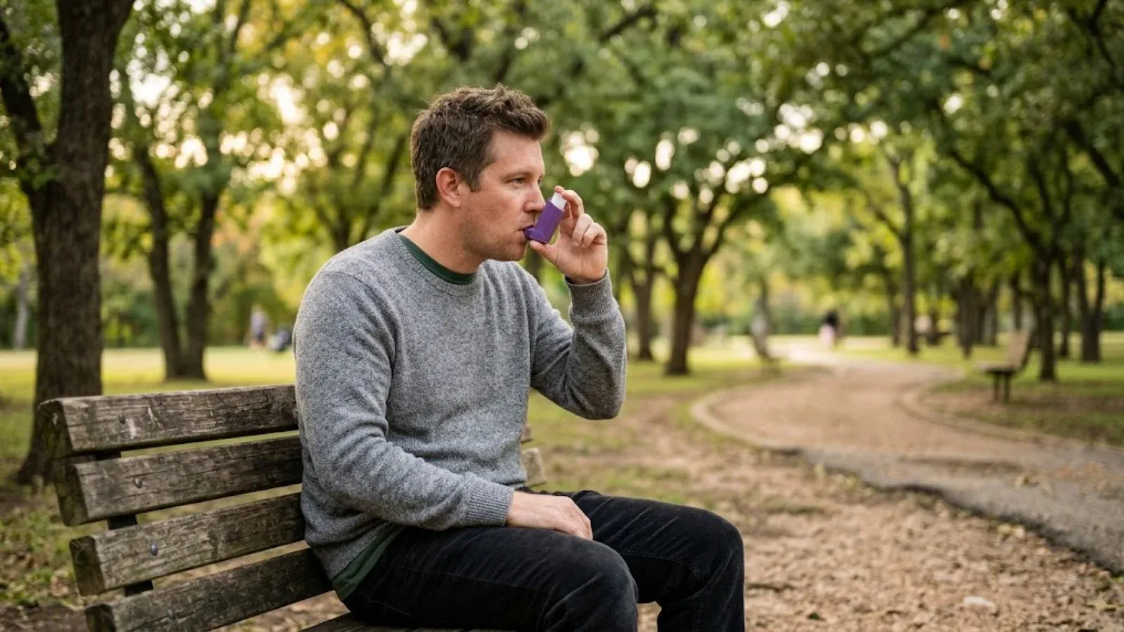 A man on a park bench using an inhaler