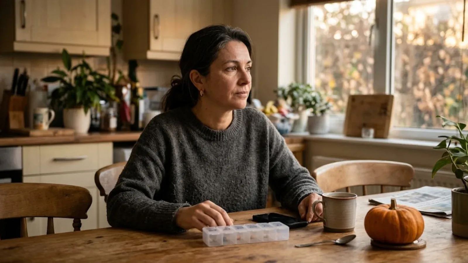 A woman at a kitchen table with a pill organizer and a mug of tea