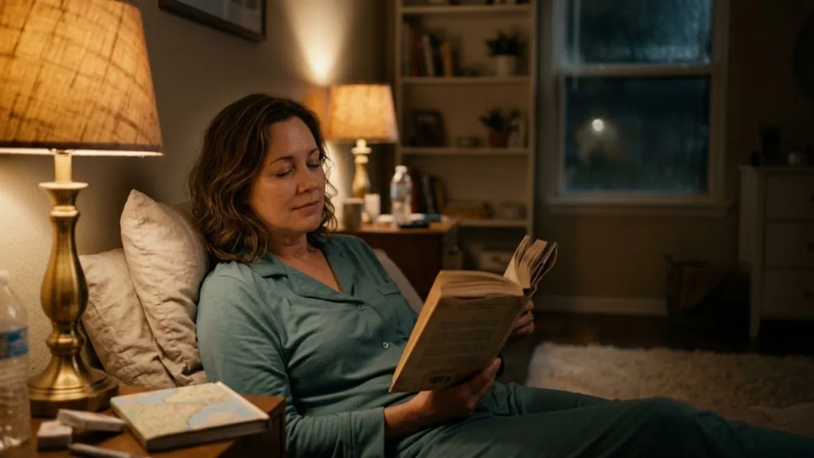 A woman relaxing in bed reading a paper book under a warm bedside lamp, with no phone in sight