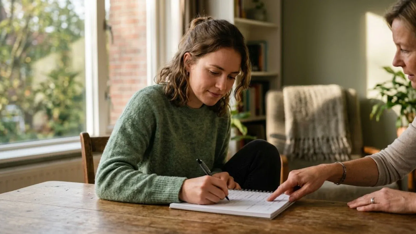 A young woman filling in a worksheet at a table while a therapist points to the page