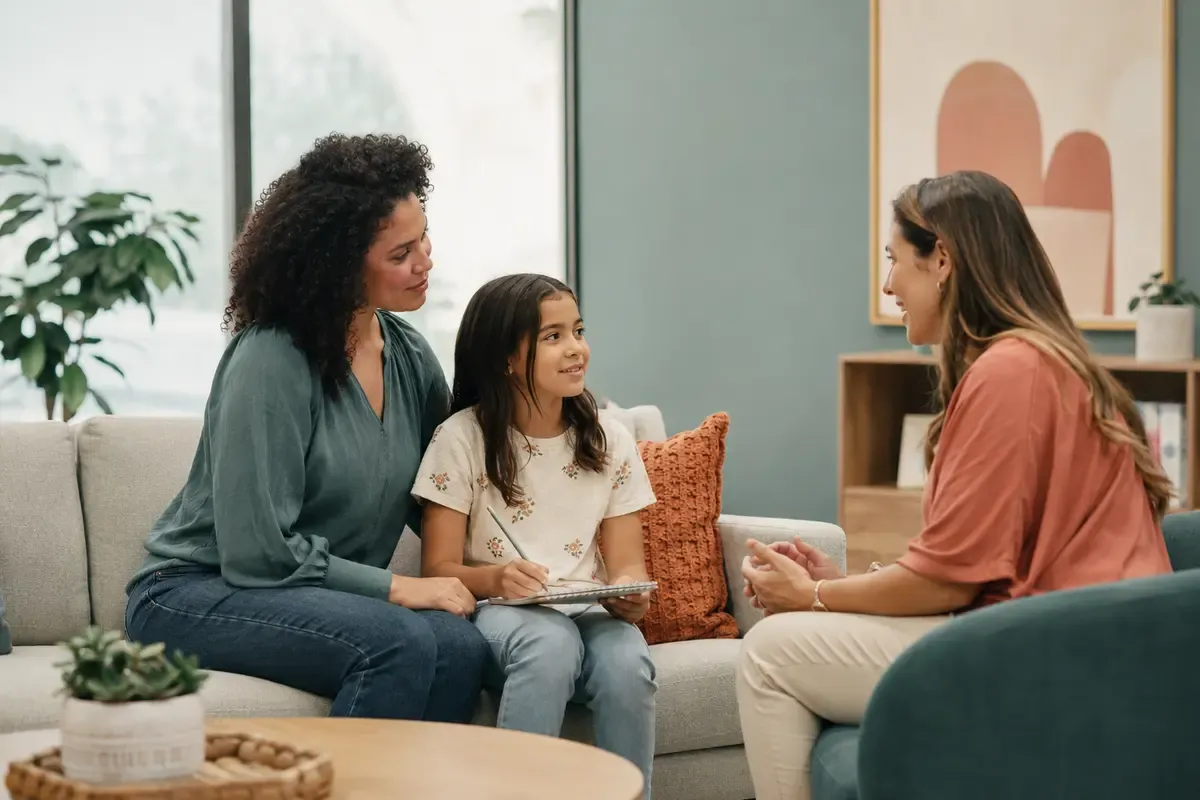 Parent and school-age child speaking comfortably with a mental health clinician during a child anxiety evaluation