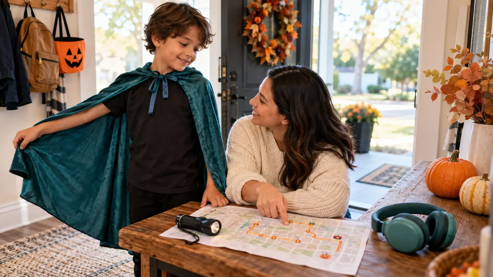 Parent and child plan a short Halloween route beside a cape, flashlight and headphones.