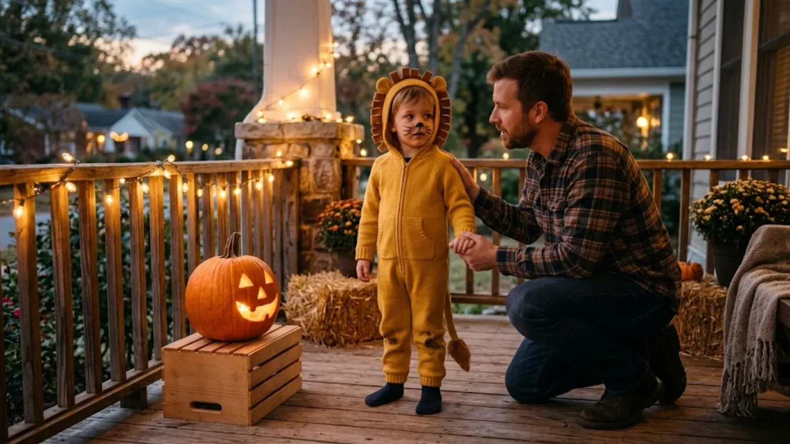 A parent kneeling to reassure a young child in costume on a porch at dusk