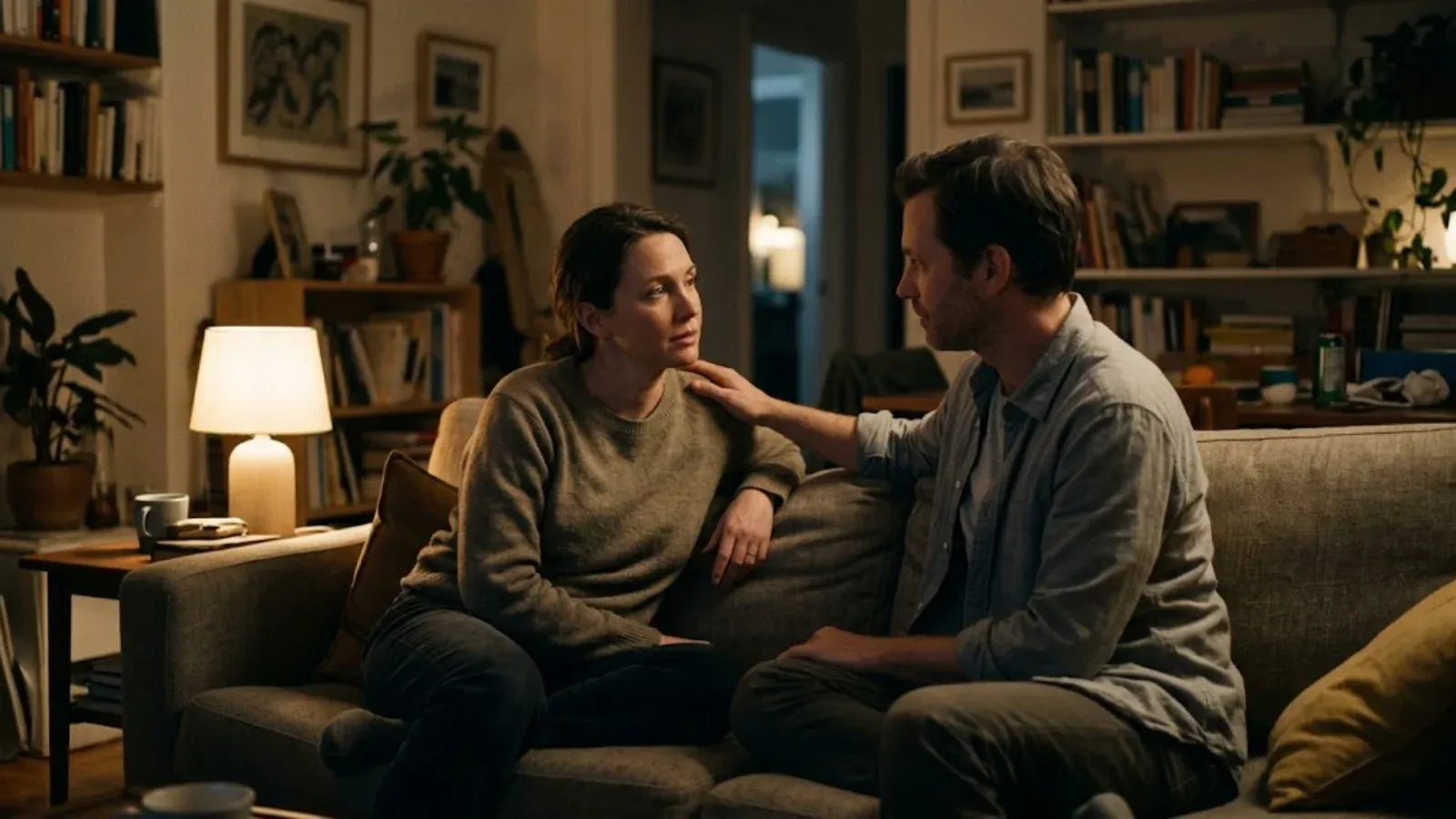 An adult couple talking quietly on a sofa at home in the evening, one resting a hand on the other's shoulder
