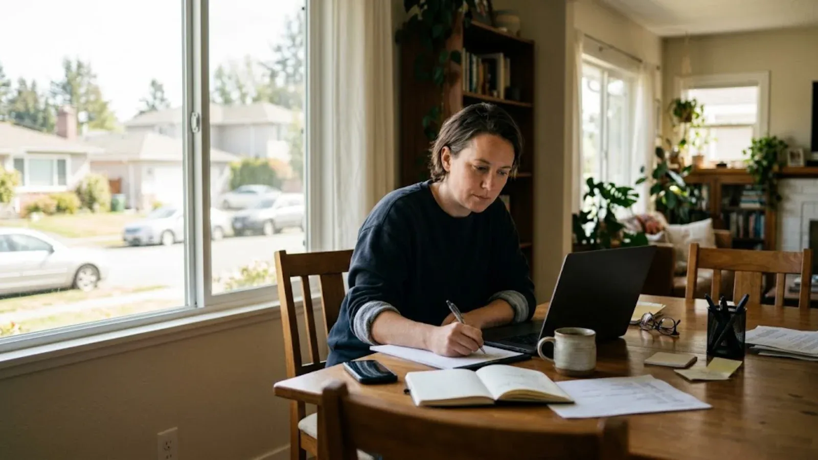 An adult at a dining table with a laptop, taking notes while researching, a suburban street visible through the window